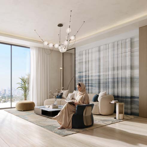 Binghatti Wraith living room interior with floor-to-ceiling windows and Dubai views