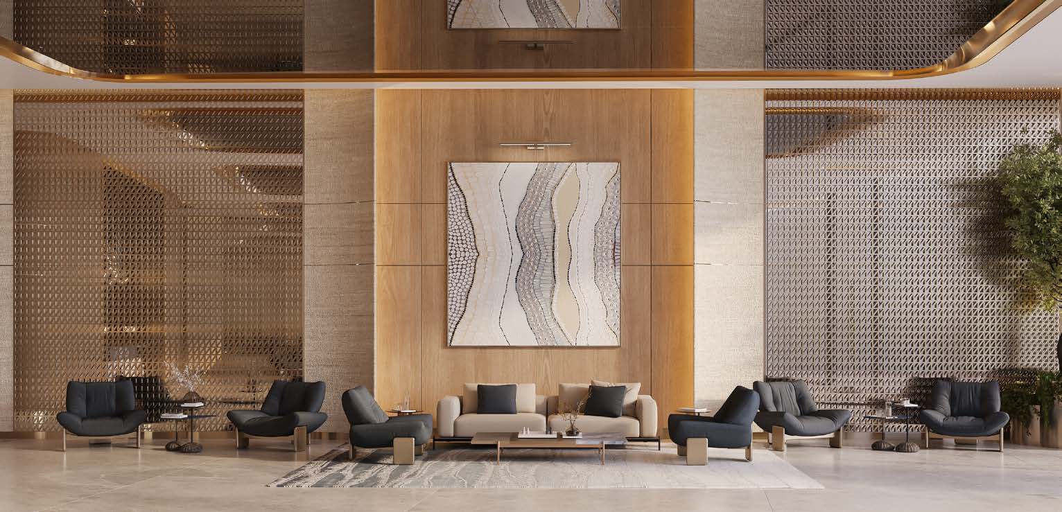 Binghatti Wraith luxury arrival lobby with sculptural lighting and marble finishes